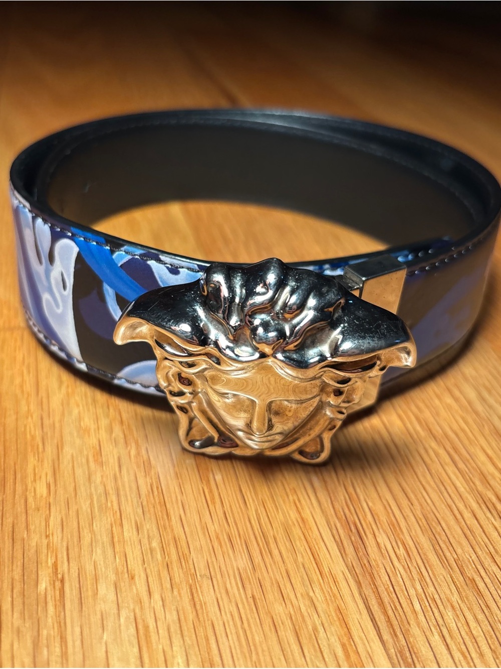 Versace 3D Medusa Blue Hibiscus Leather Belt